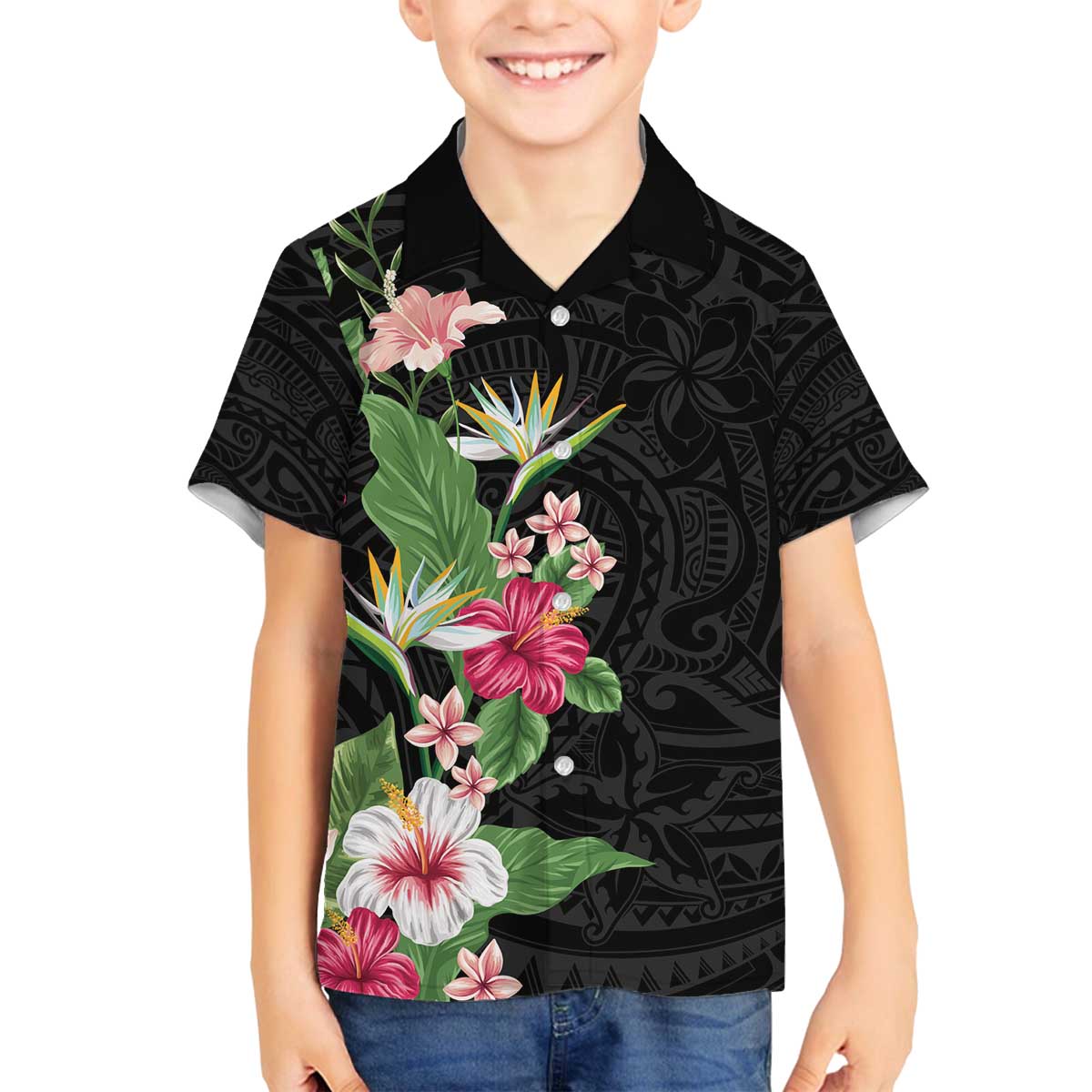 Hawaii Tropical Flowers Family Matching Puletasi and Hawaiian Shirt Polynesian Tattoo Black