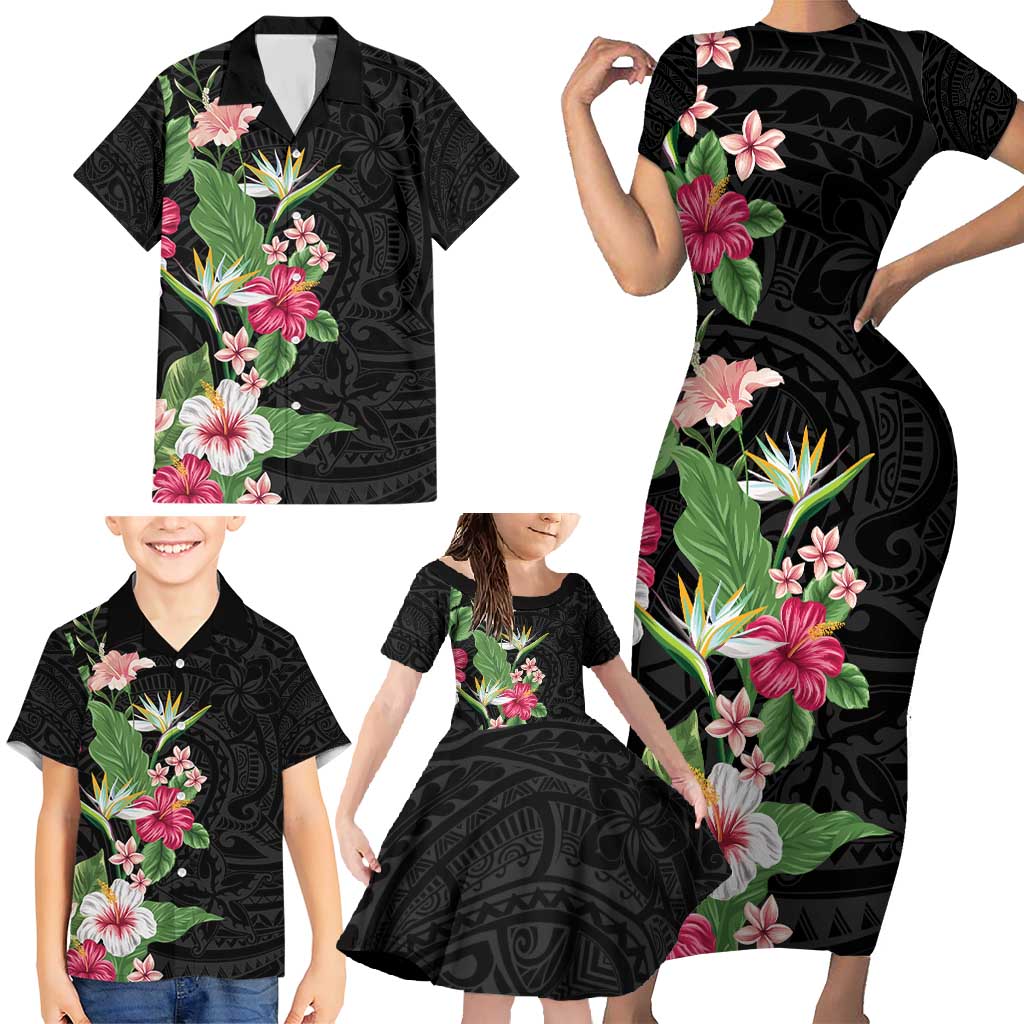 Hawaii Tropical Flowers Family Matching Short Sleeve Bodycon Dress and Hawaiian Shirt Polynesian Tattoo Black LT05 - Polynesian Pride