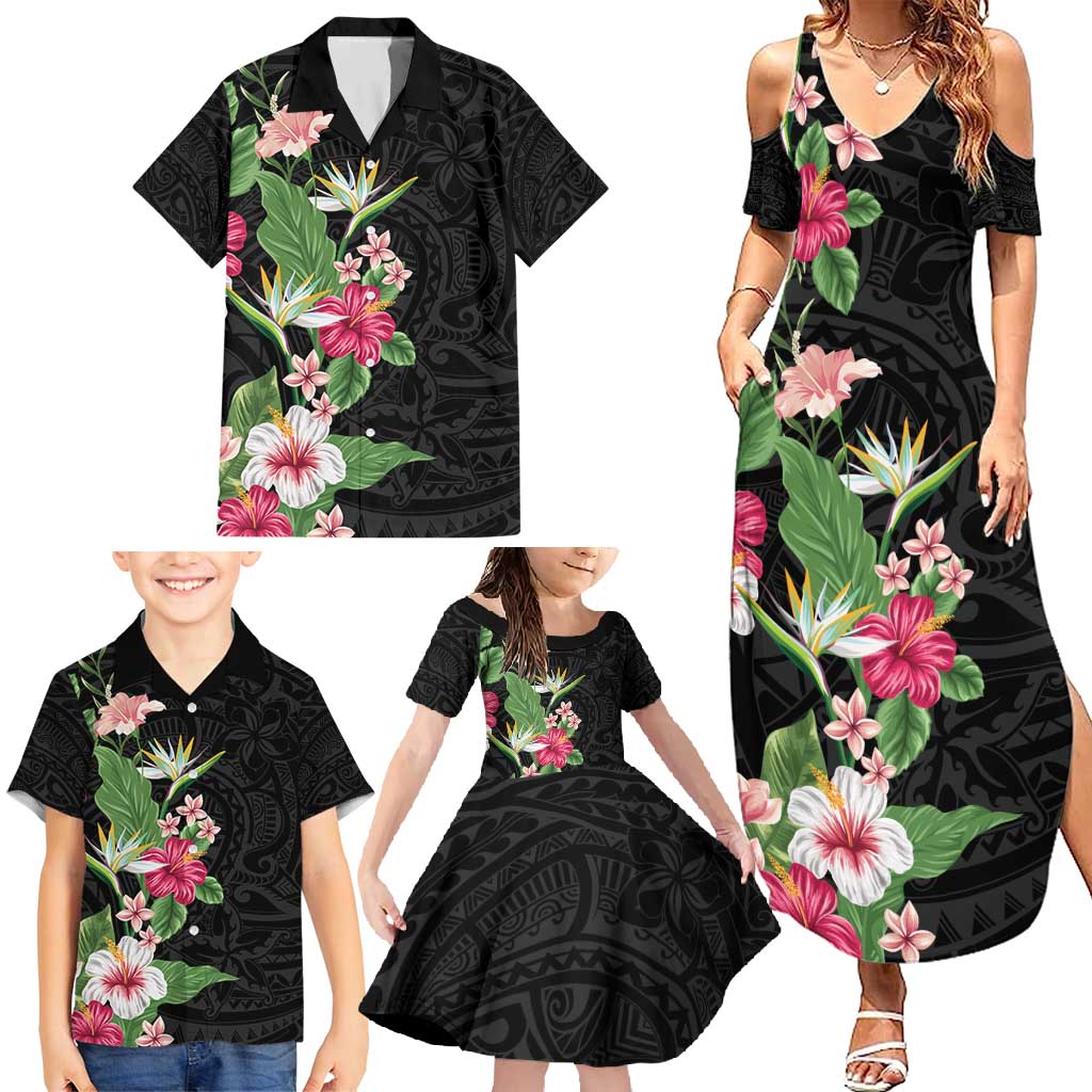 Hawaii Tropical Flowers Family Matching Summer Maxi Dress and Hawaiian Shirt Polynesian Tattoo Black LT05 - Polynesian Pride
