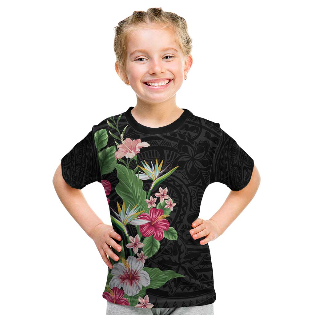 Hawaii Tropical Flowers Kid T Shirt Polynesian Tattoo Black LT05 Black - Polynesian Pride
