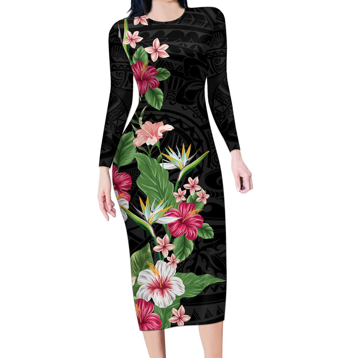Hawaii Tropical Flowers Long Sleeve Bodycon Dress Polynesian Tattoo Black