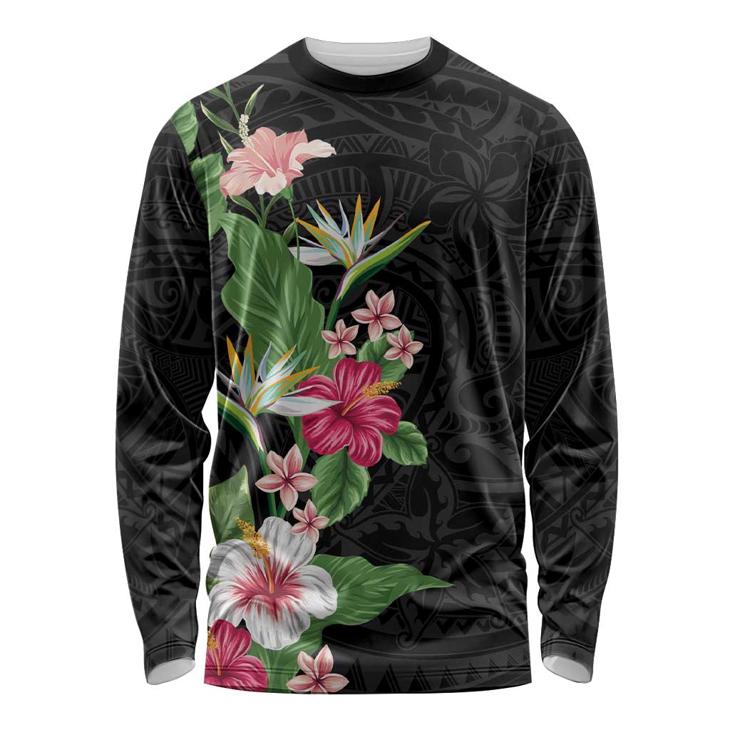 Hawaii Tropical Flowers Long Sleeve Shirt Polynesian Tattoo Black LT05 Unisex Black - Polynesian Pride