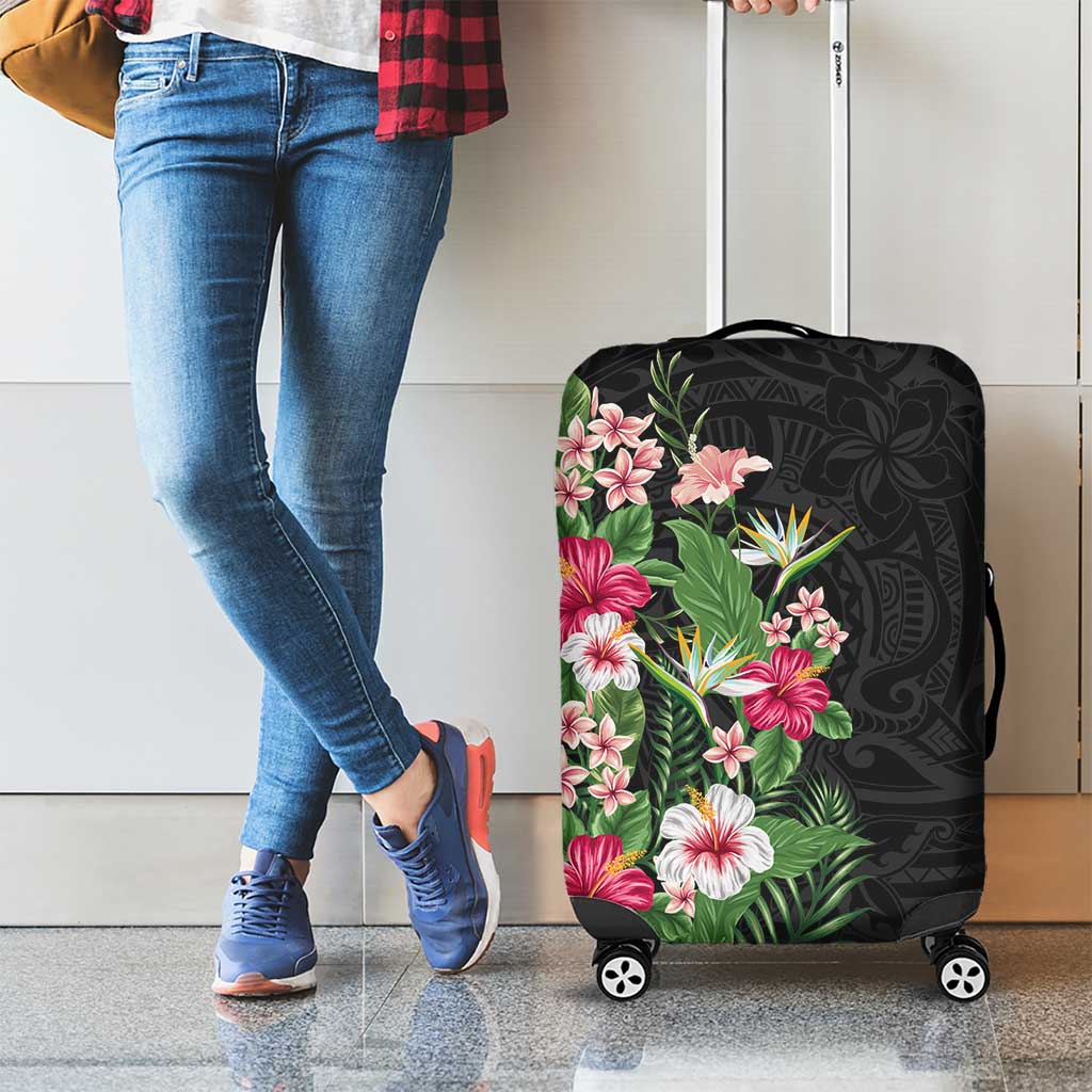 Hawaii Tropical Flowers Luggage Cover Polynesian Tattoo Black
