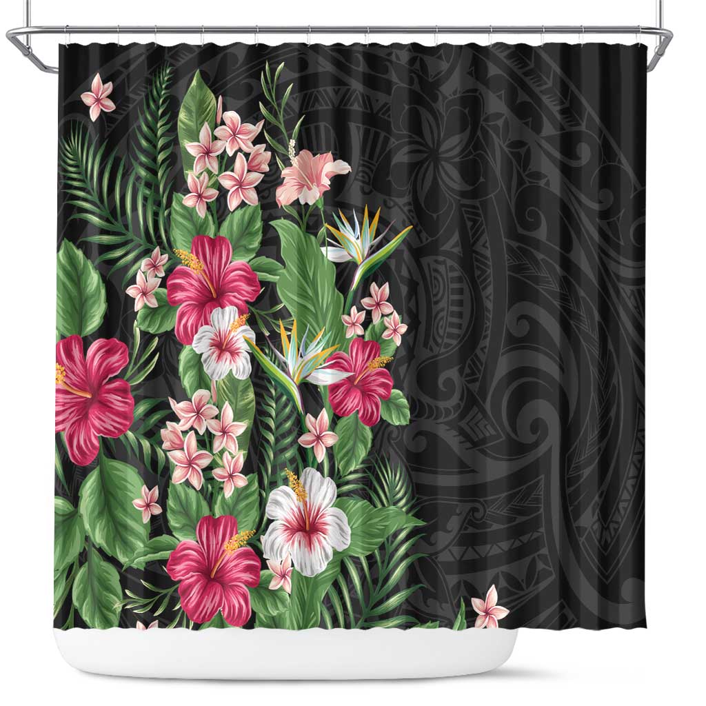 Hawaii Tropical Flowers Shower Curtain Polynesian Tattoo Black LT05 Black - Polynesian Pride