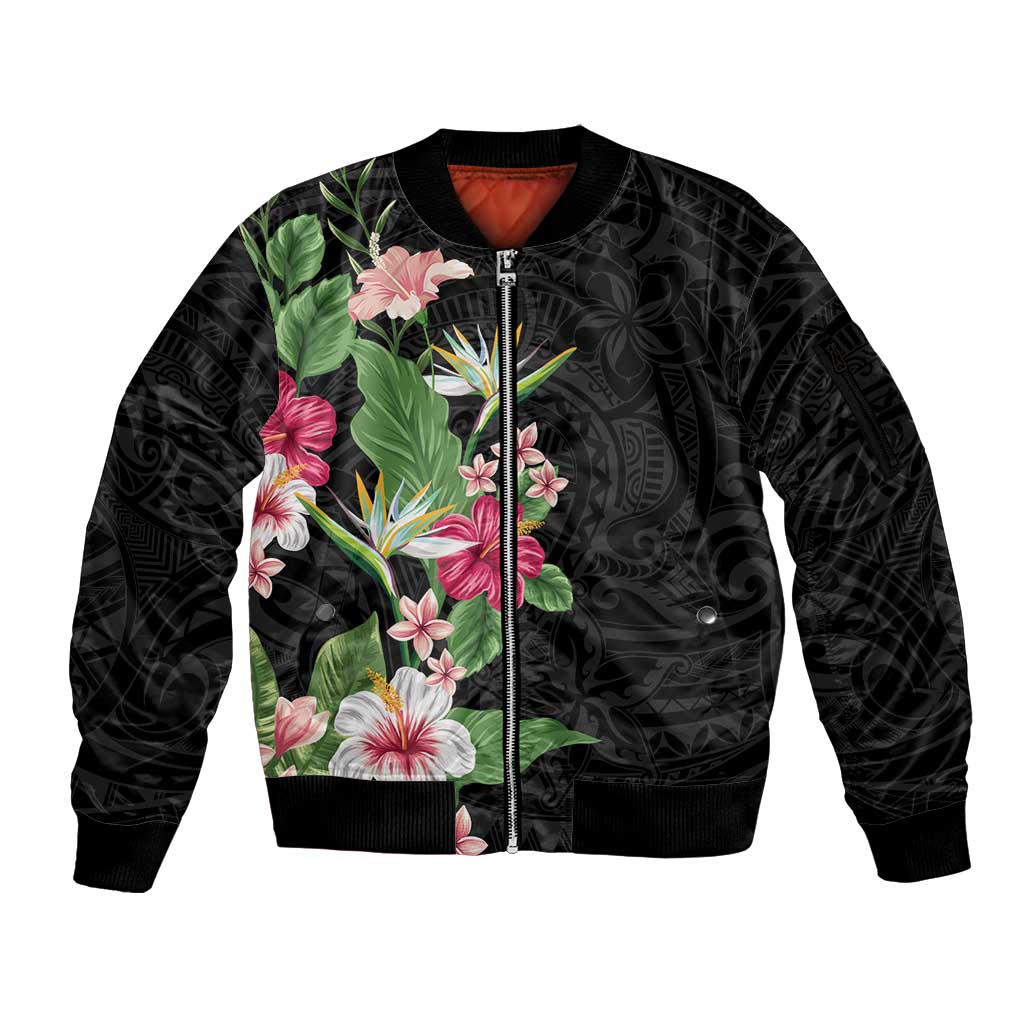 Hawaii Tropical Flowers Sleeve Zip Bomber Jacket Polynesian Tattoo Black LT05 Unisex Black - Polynesian Pride