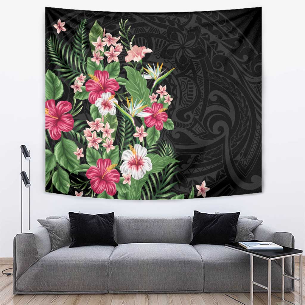 Hawaii Tropical Flowers Tapestry Polynesian Tattoo Black LT05 Black - Polynesian Pride