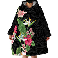 Hawaii Tropical Flowers Wearable Blanket Hoodie Polynesian Tattoo Black