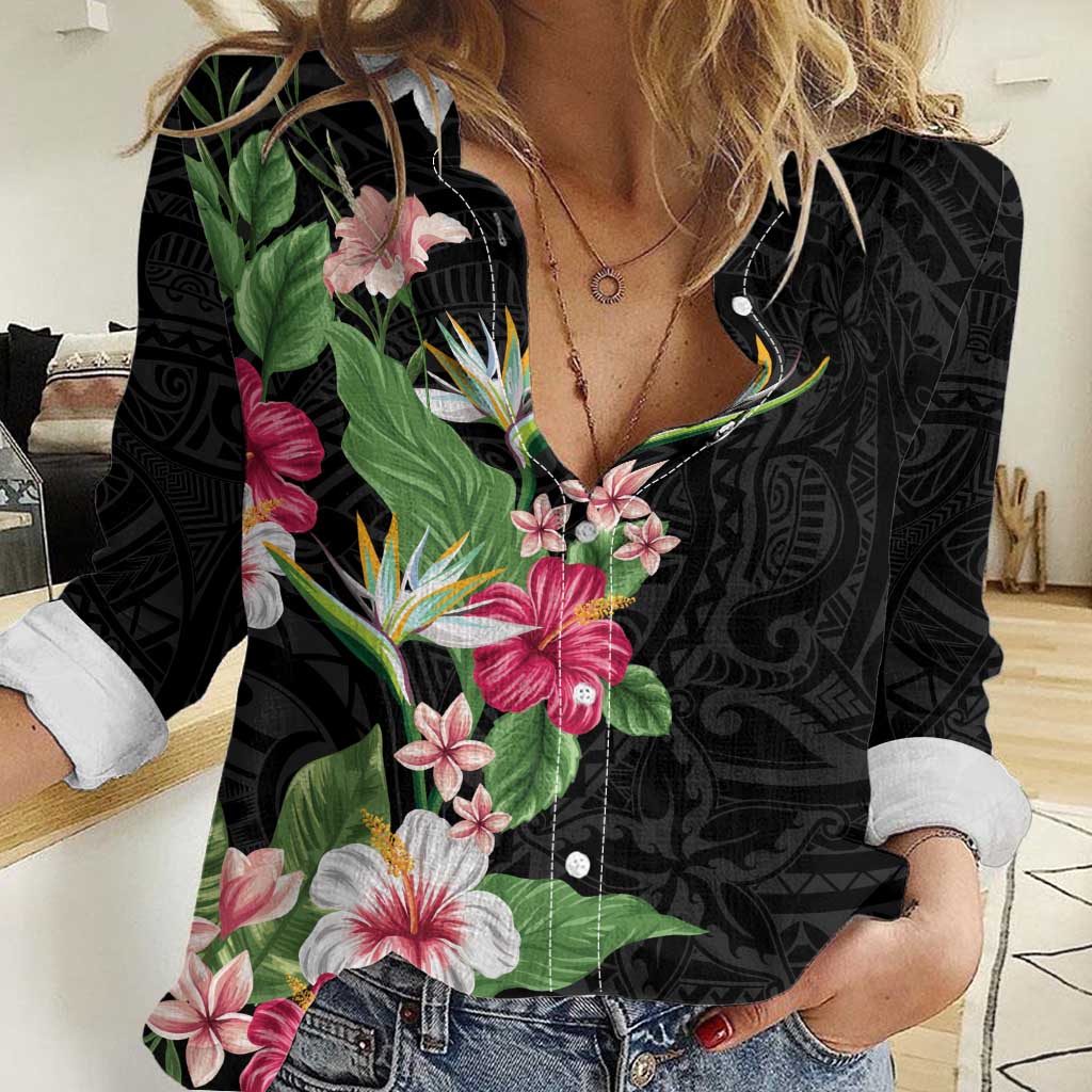 Hawaii Tropical Flowers Women Casual Shirt Polynesian Tattoo Black