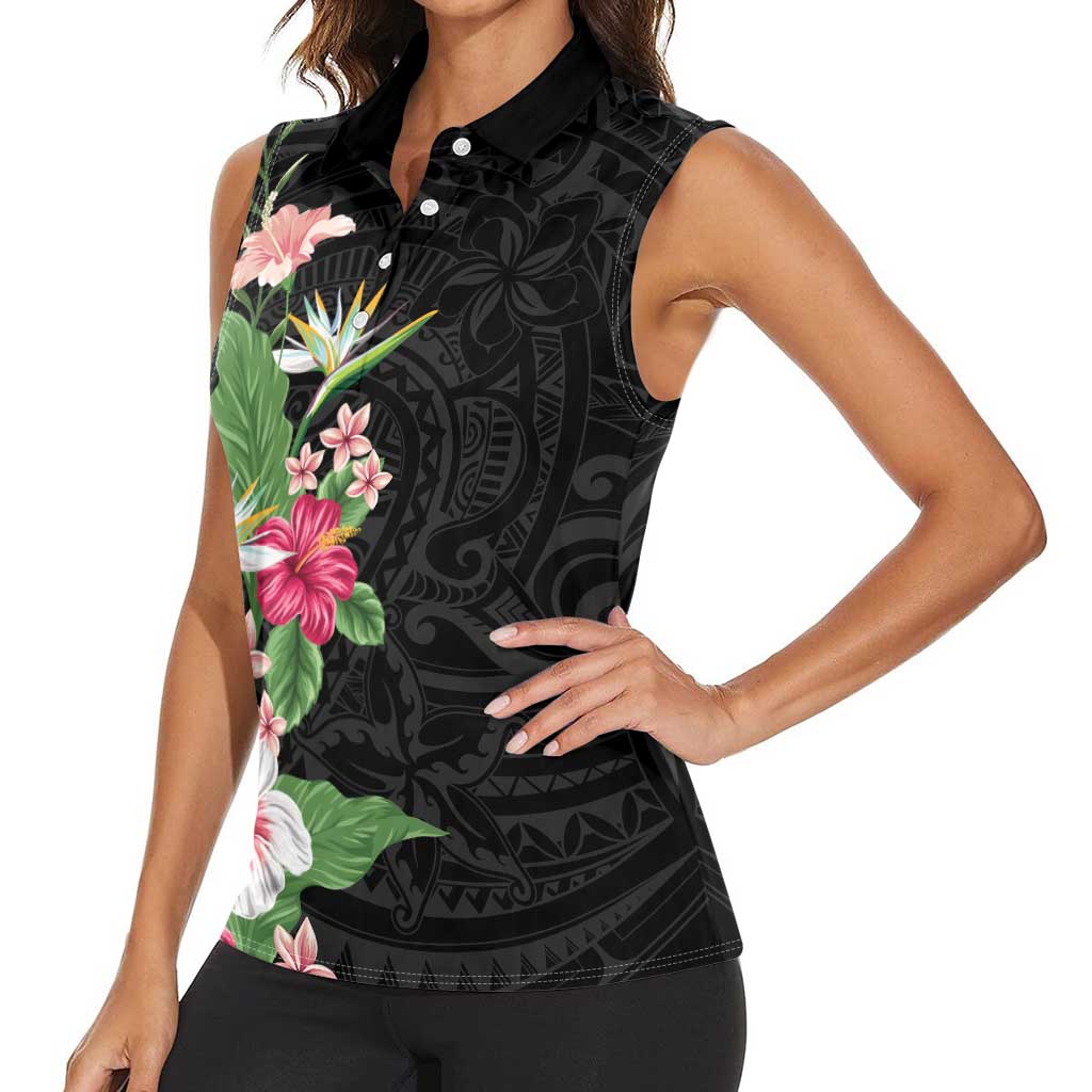 Hawaii Tropical Flowers Women Sleeveless Polo Shirt Polynesian Tattoo Black