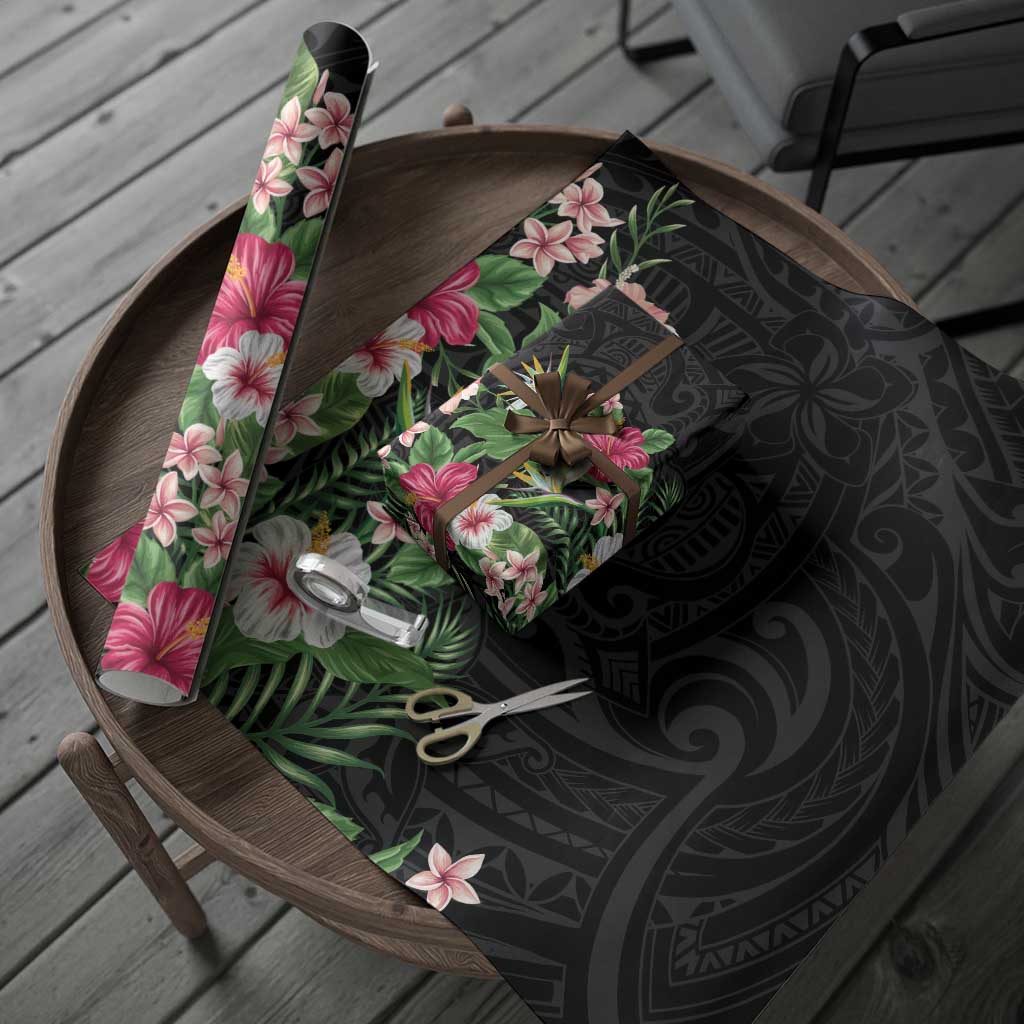 Hawaii Tropical Flowers Wrapping Paper Polynesian Tattoo Black - Polynesian Pride