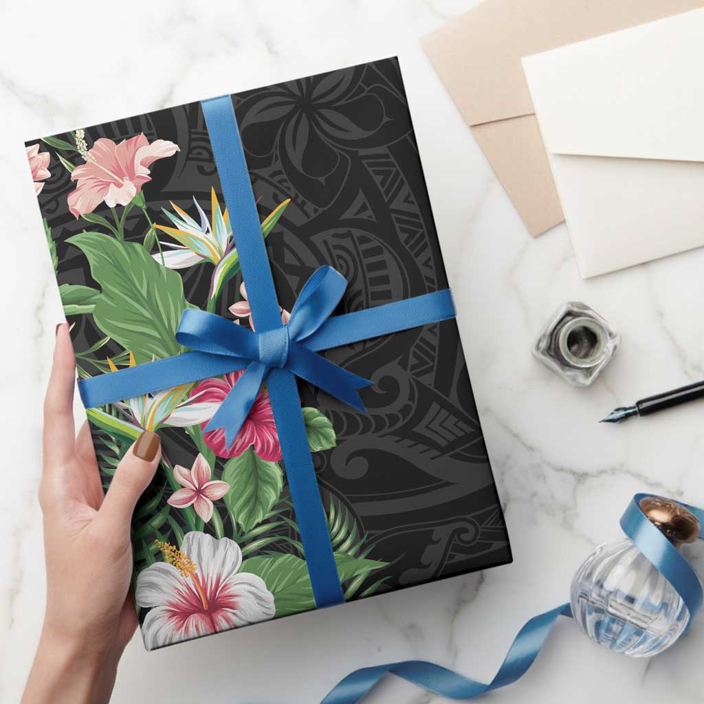 Hawaii Tropical Flowers Wrapping Paper Polynesian Tattoo Black - Polynesian Pride