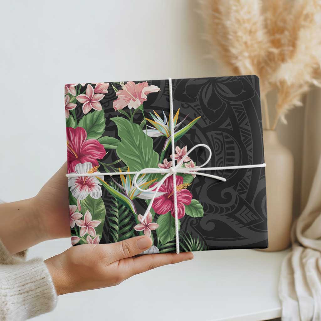 Hawaii Tropical Flowers Wrapping Paper Polynesian Tattoo Black - Polynesian Pride