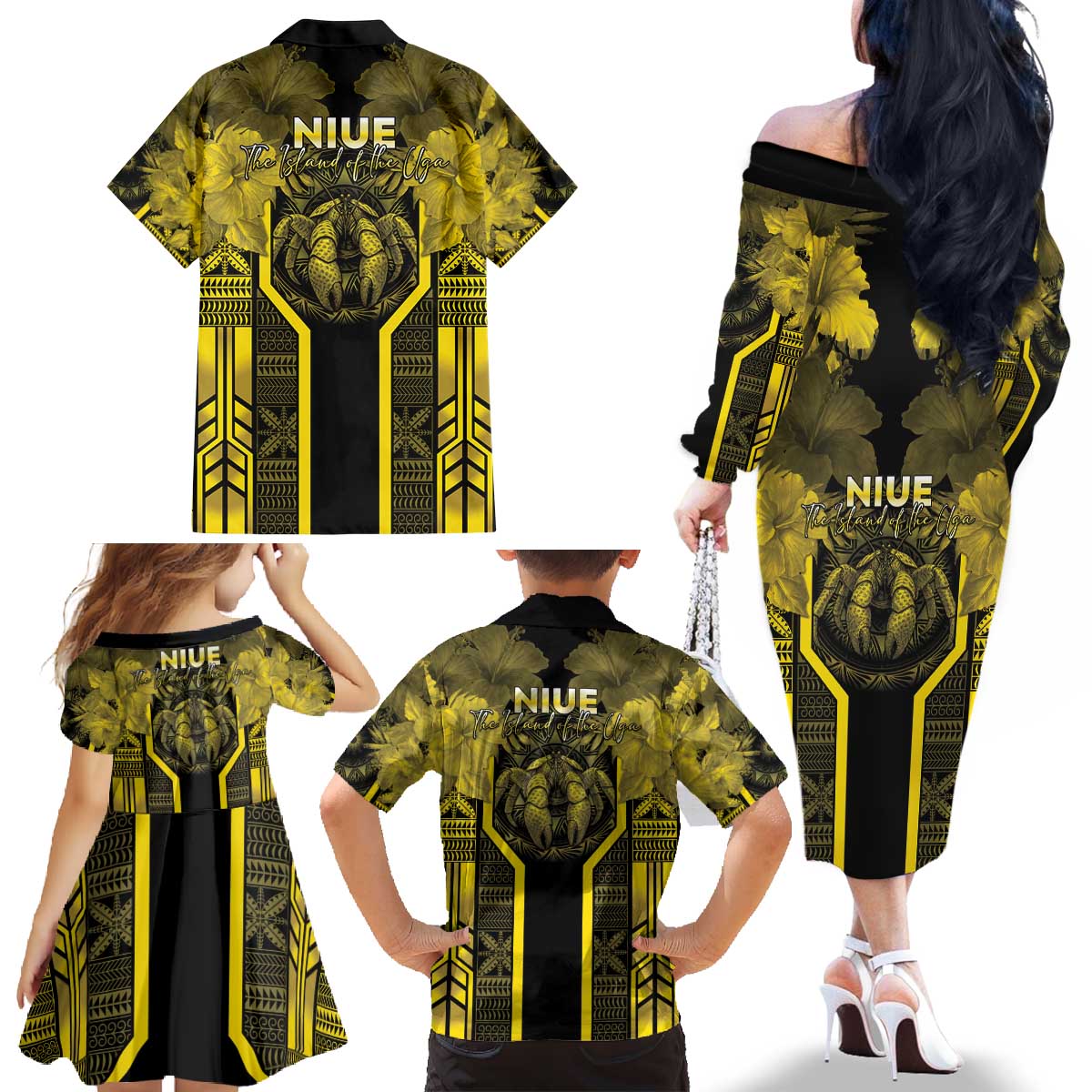 Niue The Rock Family Matching Off The Shoulder Long Sleeve Dress and Hawaiian Shirt The Island Of The Uga - Polynesian Pride