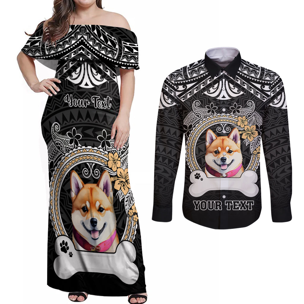 Personalized Shiba Inu Dog Couples Matching Off Shoulder Maxi Dress and Long Sleeve Button Shirts With Polynesian Heart Name Tags LT05 Black - Polynesian Pride