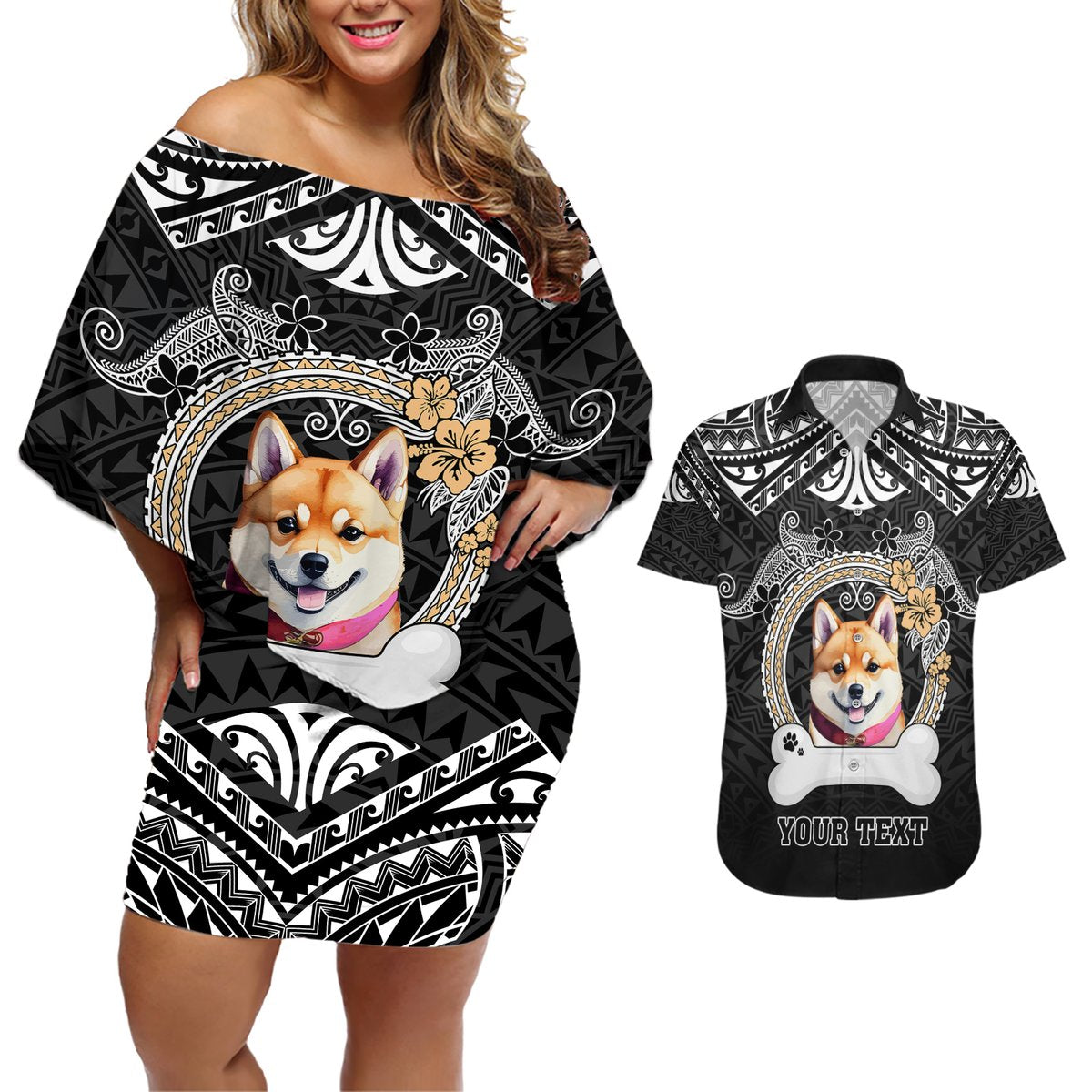 Personalized Shiba Inu Dog Couples Matching Off Shoulder Short Dress and Hawaiian Shirt With Polynesian Heart Name Tags LT05 Black - Polynesian Pride