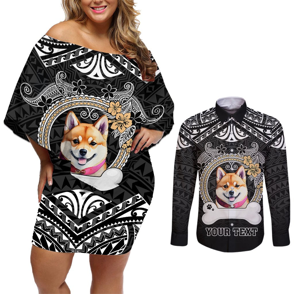Personalized Shiba Inu Dog Couples Matching Off Shoulder Short Dress and Long Sleeve Button Shirts With Polynesian Heart Name Tags LT05 Black - Polynesian Pride