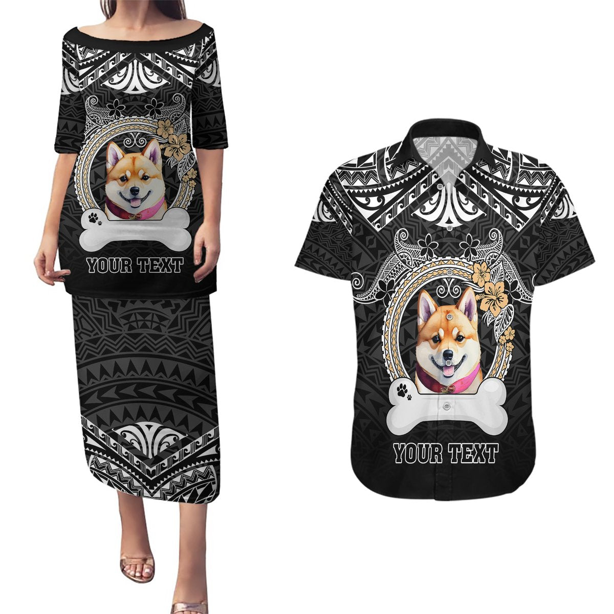 Personalized Shiba Inu Dog Couples Matching Puletasi Dress and Hawaiian Shirt With Polynesian Heart Name Tags LT05 Black - Polynesian Pride