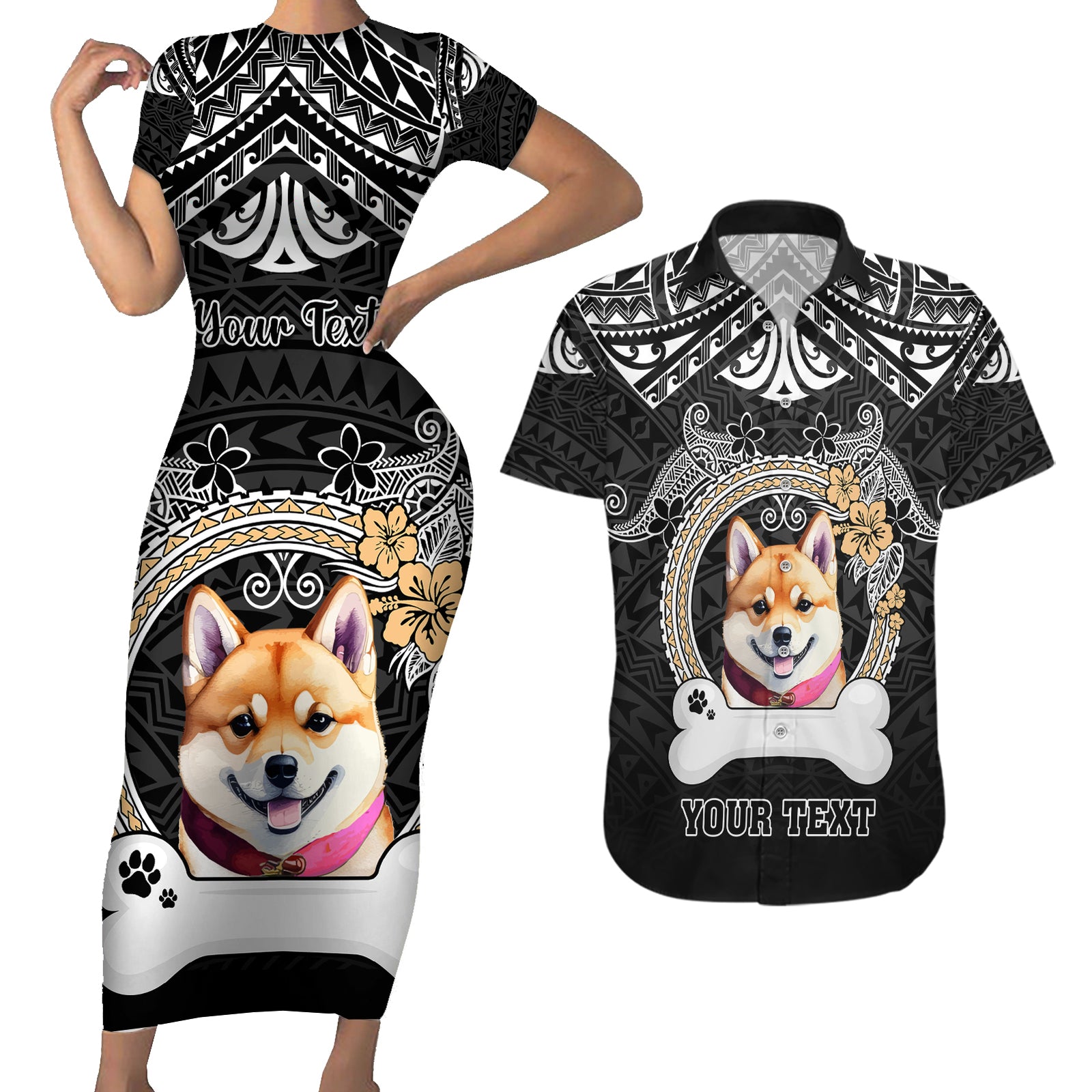 personalized-shiba-inu-dog-couples-matching-short-sleeve-bodycon-dress-and-hawaiian-shirt-with-polynesian-heart-name-tags