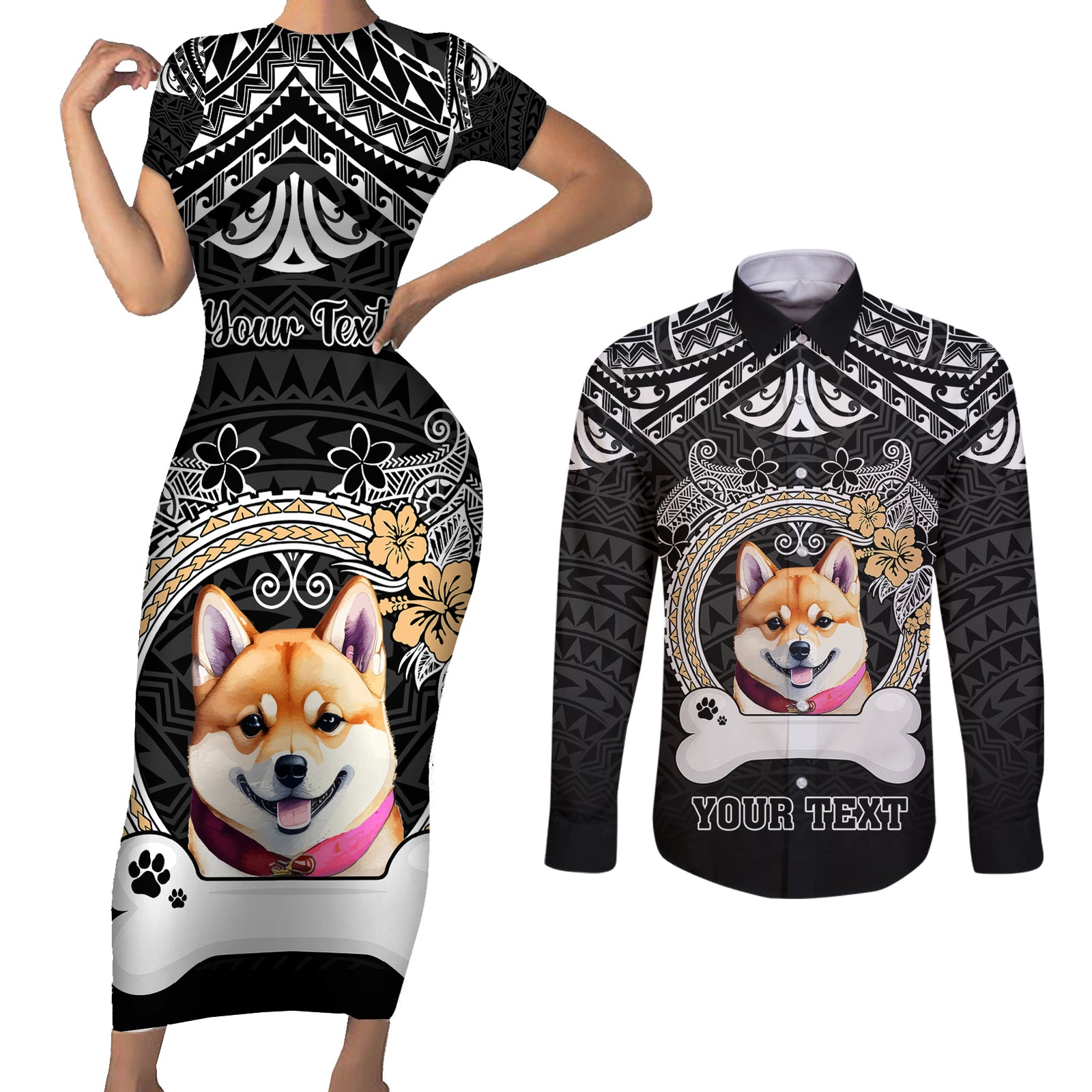 Personalized Shiba Inu Dog Couples Matching Short Sleeve Bodycon Dress and Long Sleeve Button Shirts With Polynesian Heart Name Tags LT05 Black - Polynesian Pride