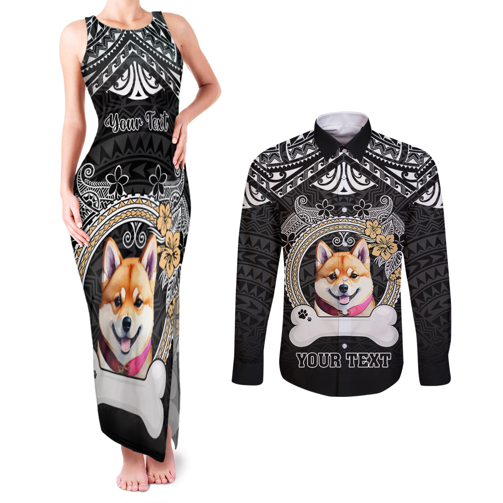 Personalized Shiba Inu Dog Couples Matching Tank Maxi Dress and Long Sleeve Button Shirts With Polynesian Heart Name Tags LT05 Black - Polynesian Pride