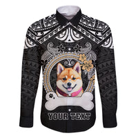 Personalized Shiba Inu Dog Family Matching Long Sleeve Bodycon Dress and Hawaiian Shirt With Polynesian Heart Name Tags LT05 Dad's Shirt - Long Sleeve Black - Polynesian Pride