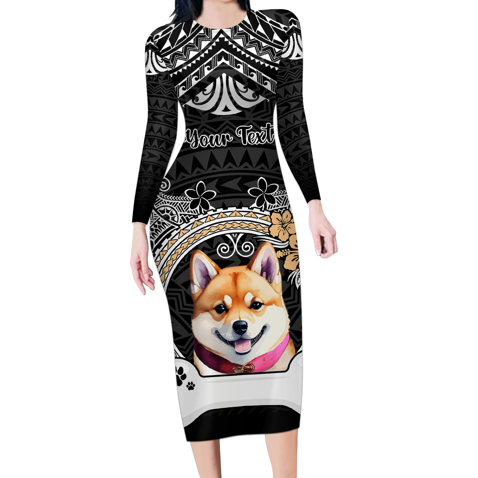 Personalized Shiba Inu Dog Long Sleeve Bodycon Dress With Polynesian Heart Name Tags LT05 Long Dress Black - Polynesian Pride
