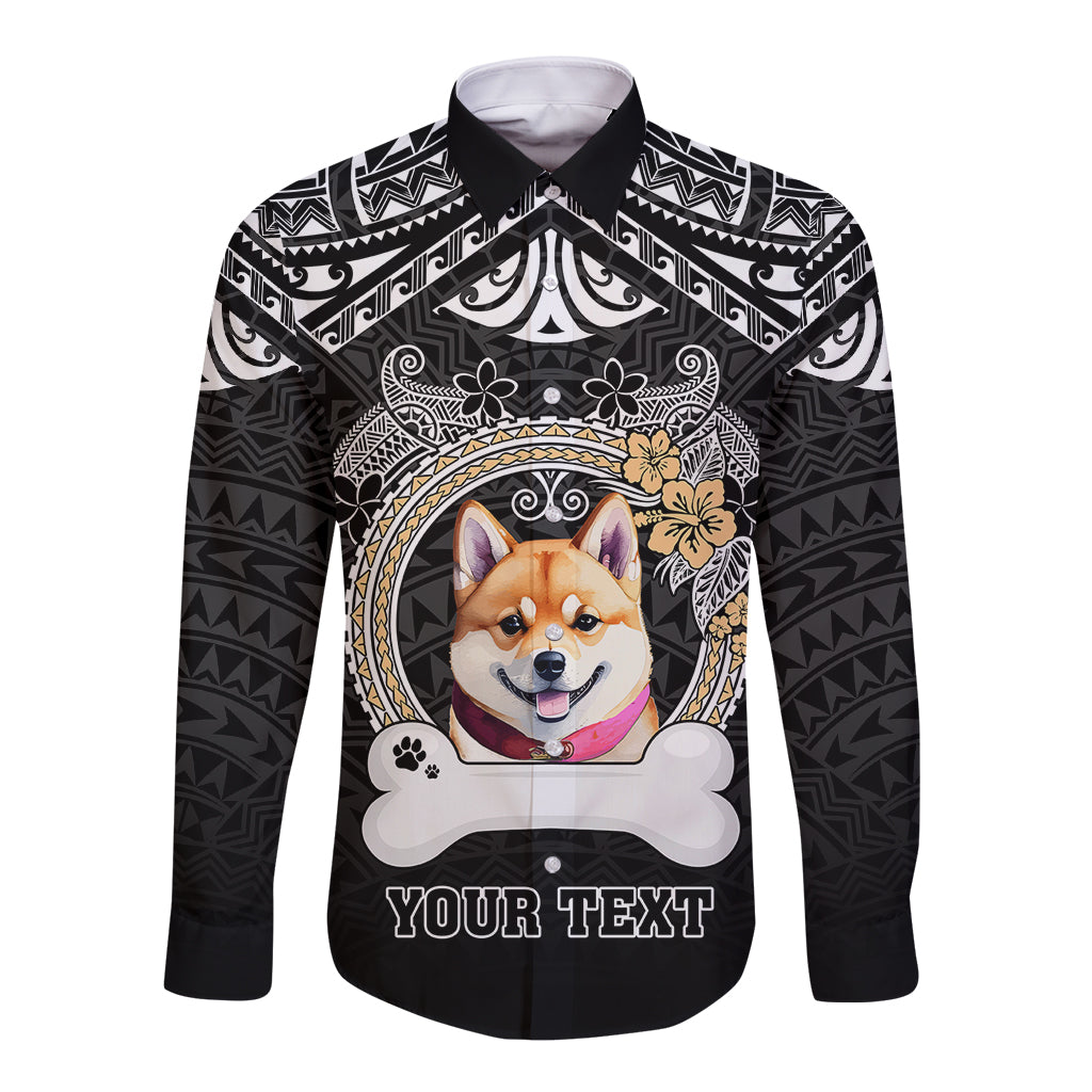 Personalized Shiba Inu Dog Long Sleeve Button Shirt With Polynesian Heart Name Tags LT05 Unisex Black - Polynesian Pride