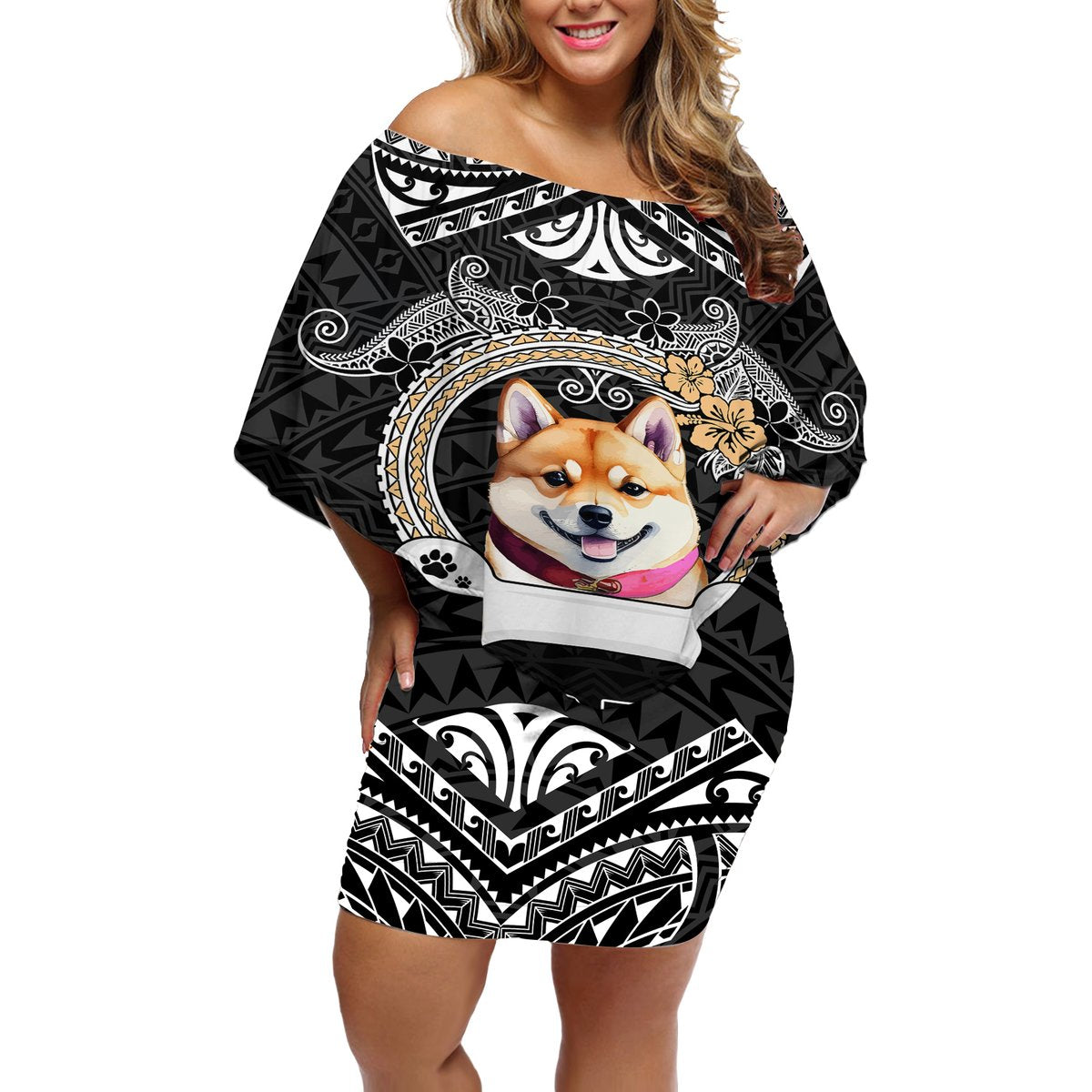Personalized Shiba Inu Dog Off Shoulder Short Dress With Polynesian Heart Name Tags LT05 Women Black - Polynesian Pride