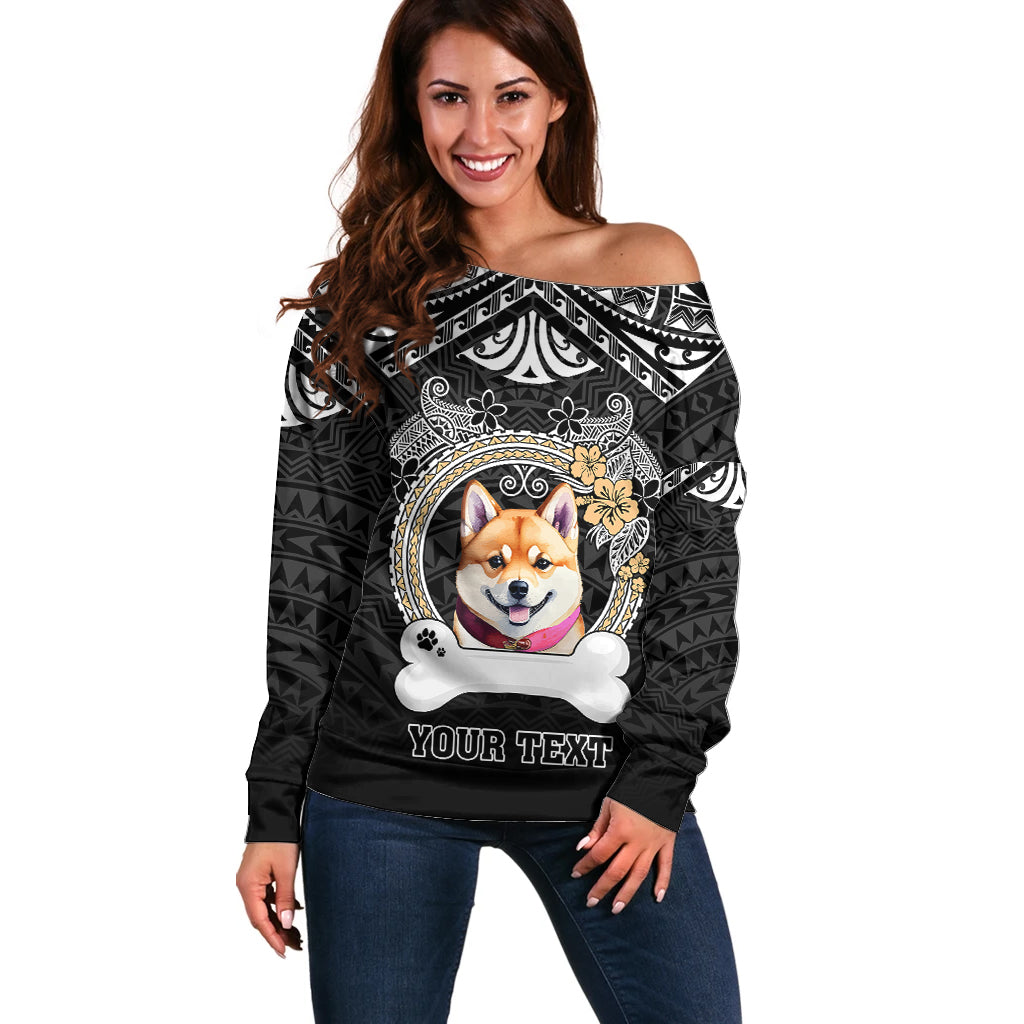 Personalized Shiba Inu Dog Off Shoulder Sweater With Polynesian Heart Name Tags LT05 Women Black - Polynesian Pride