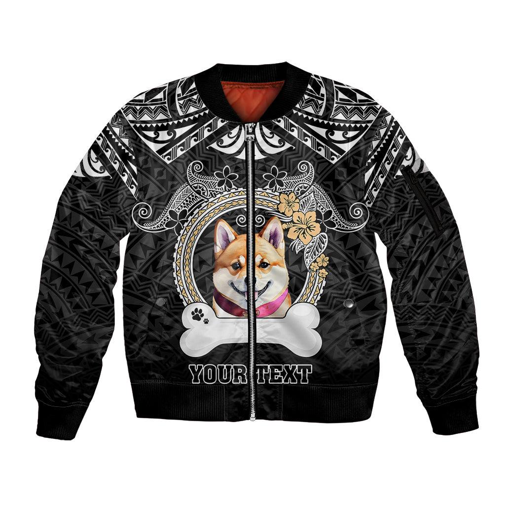 Personalized Shiba Inu Dog Sleeve Zip Bomber Jacket With Polynesian Heart Name Tags LT05 Unisex Black - Polynesian Pride