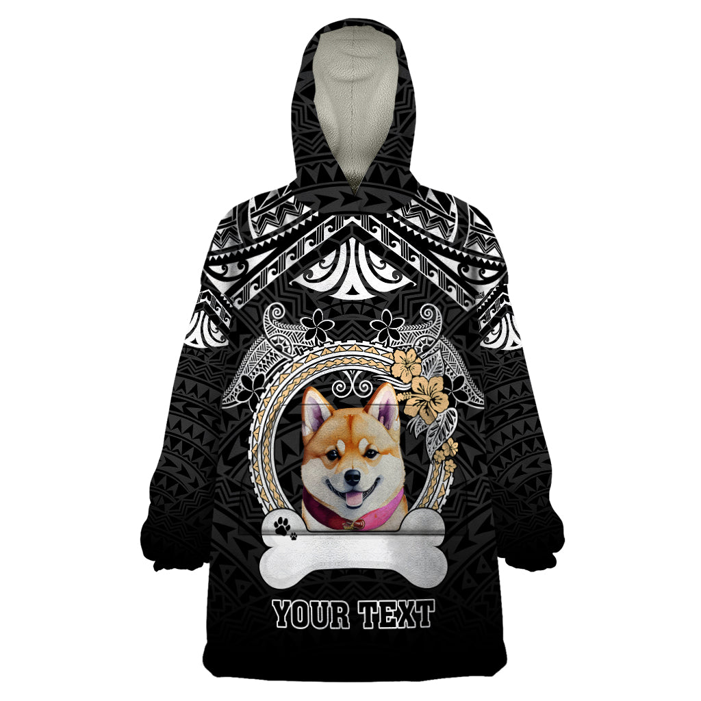 Personalized Shiba Inu Dog Wearable Blanket Hoodie With Polynesian Heart Name Tags LT05 One Size Black - Polynesian Pride