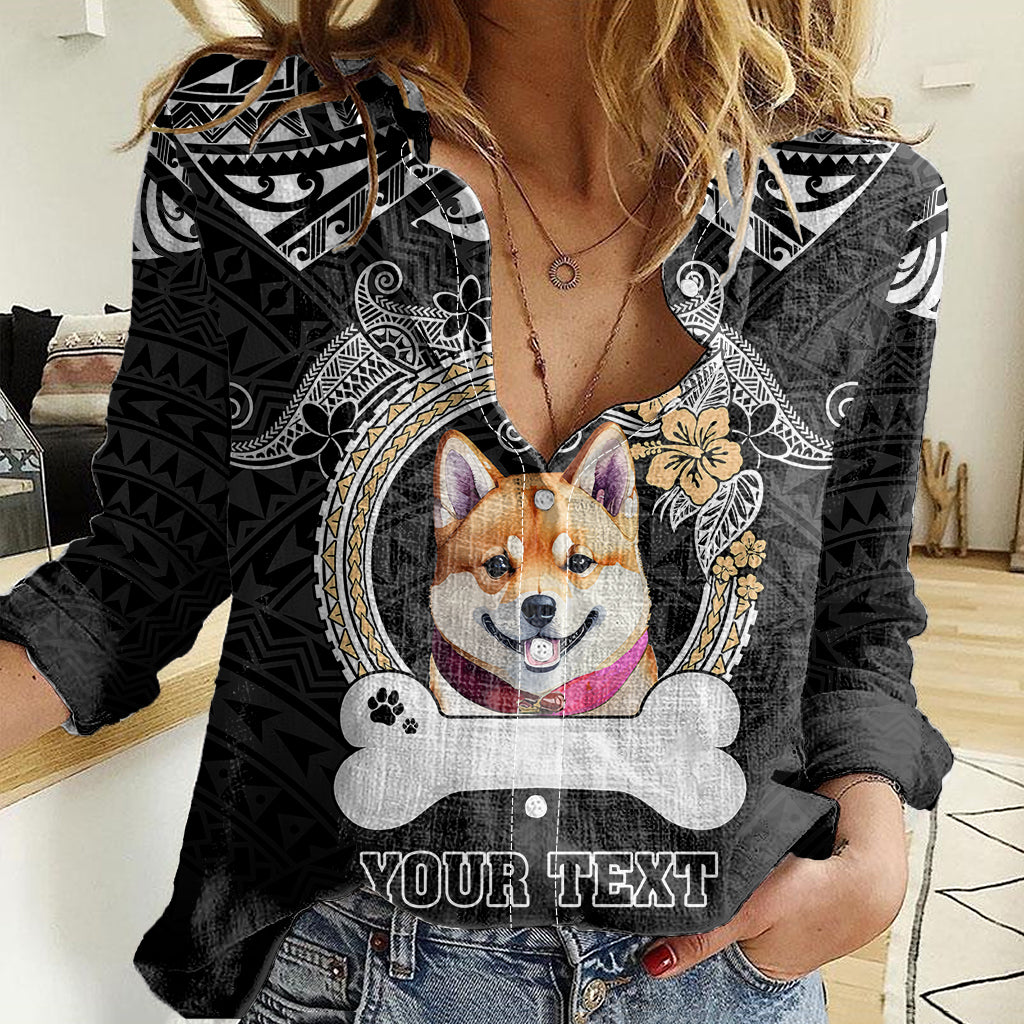 Personalized Shiba Inu Dog Women Casual Shirt With Polynesian Heart Name Tags LT05 Female Black - Polynesian Pride