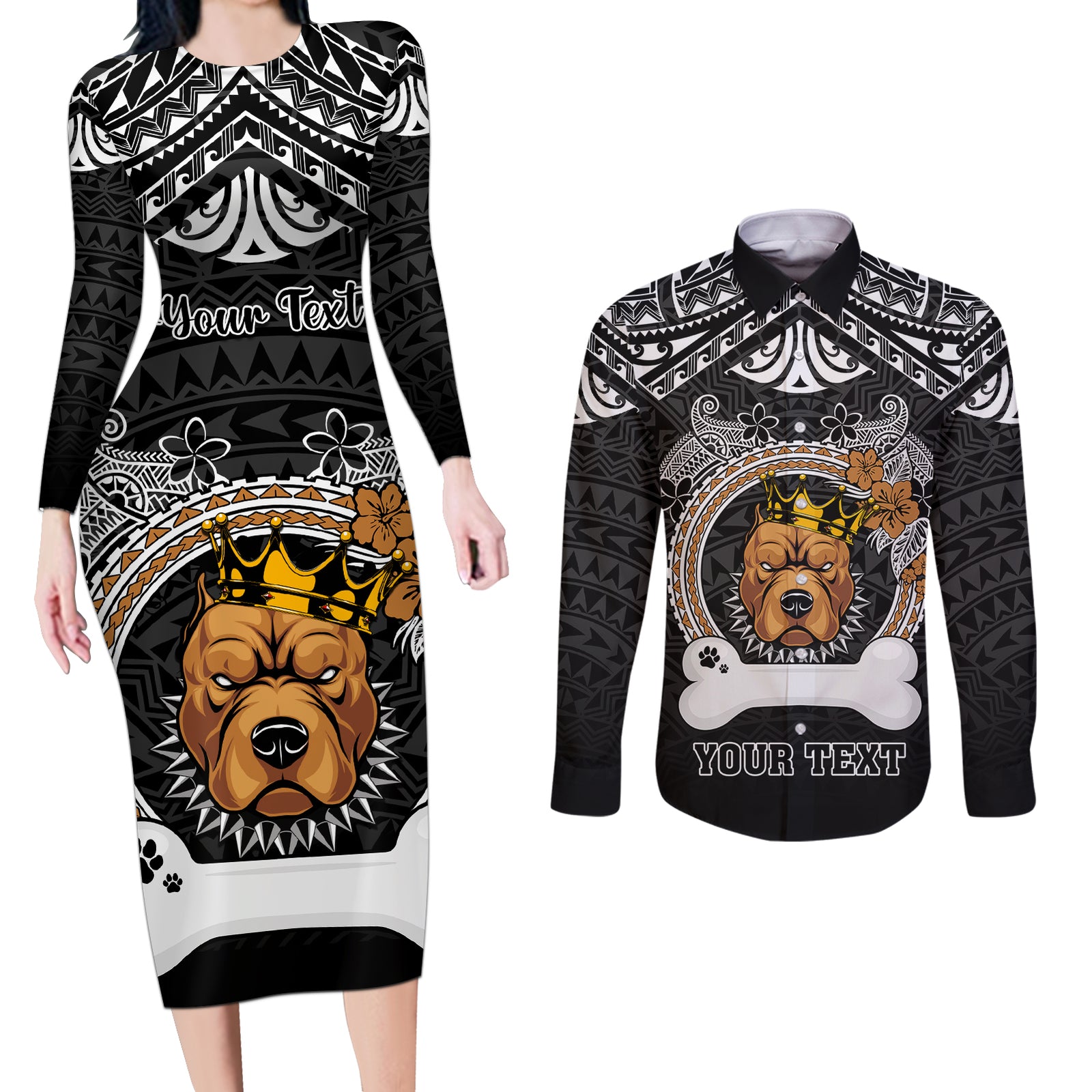 Personalized Pitbull Dog Couples Matching Long Sleeve Bodycon Dress and Long Sleeve Button Shirts With Polynesian Heart Name Tags LT05 Black - Polynesian Pride
