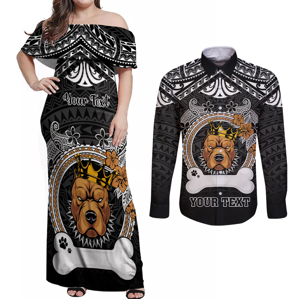 Personalized Pitbull Dog Couples Matching Off Shoulder Maxi Dress and Long Sleeve Button Shirts With Polynesian Heart Name Tags LT05 Black - Polynesian Pride