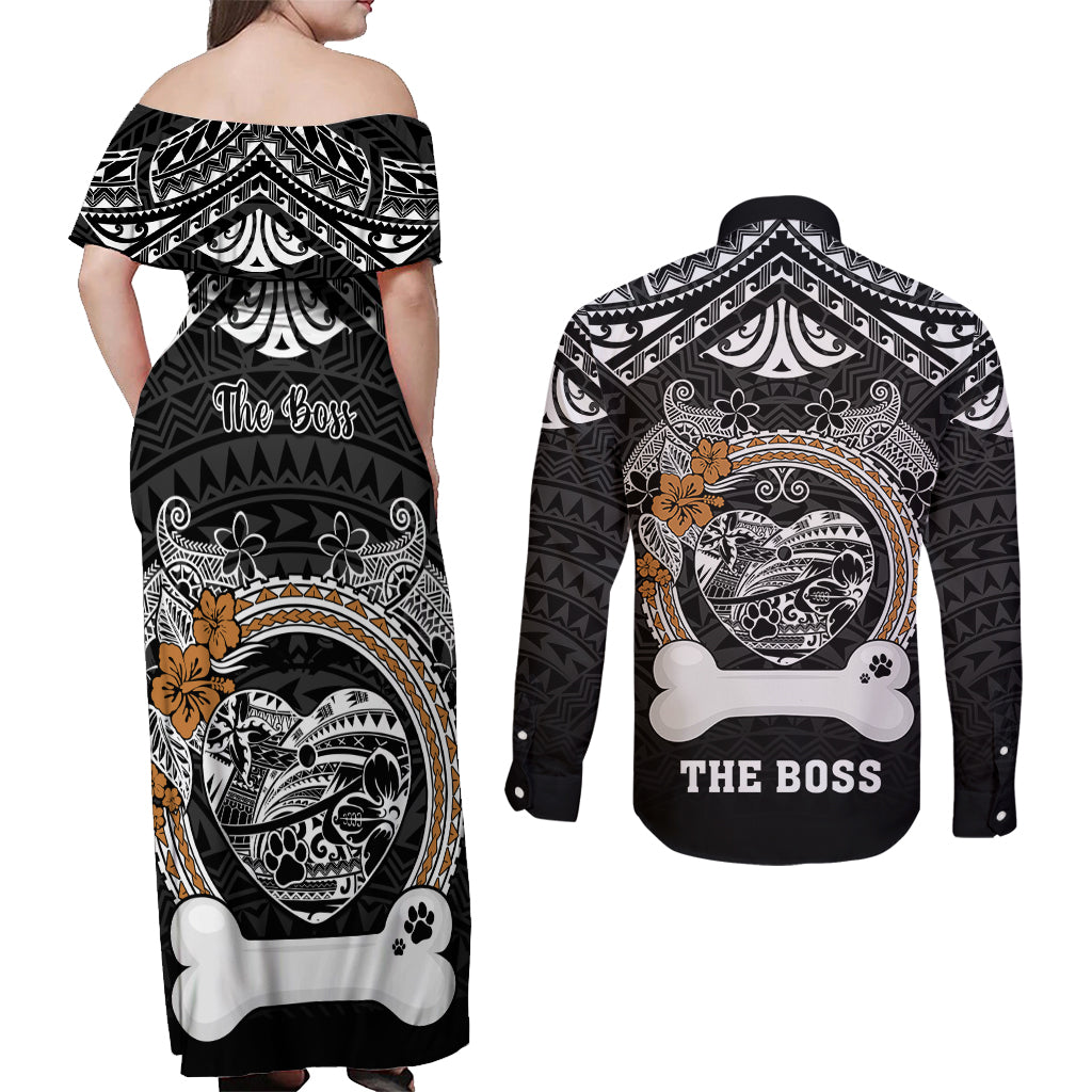 personalized-pitbull-dog-couples-matching-off-shoulder-maxi-dress-and-long-sleeve-button-shirts-with-polynesian-heart-name-tags