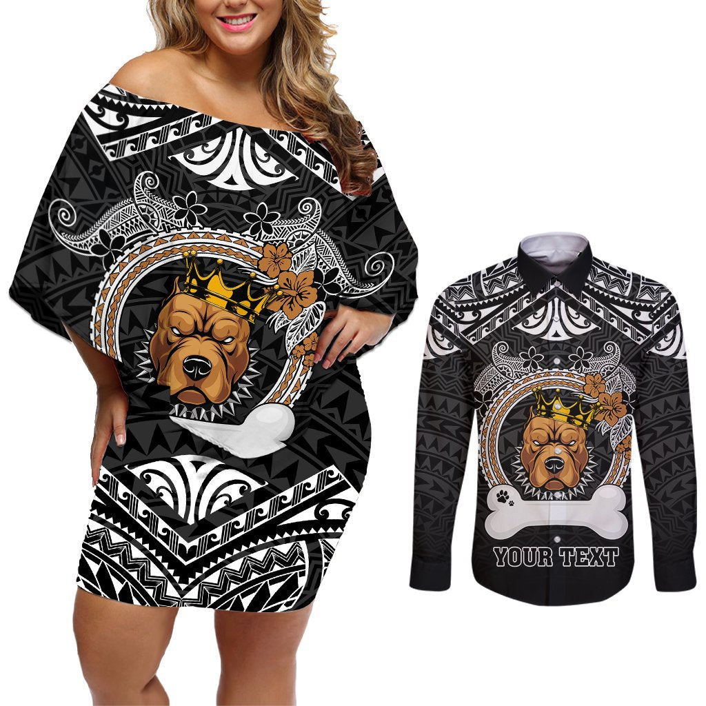 Personalized Pitbull Dog Couples Matching Off Shoulder Short Dress and Long Sleeve Button Shirts With Polynesian Heart Name Tags LT05 Black - Polynesian Pride
