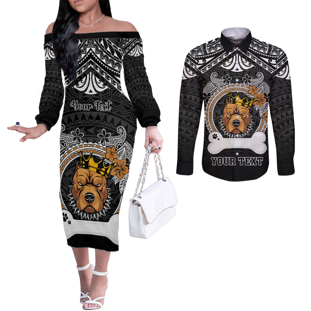 Personalized Pitbull Dog Couples Matching Off The Shoulder Long Sleeve Dress and Long Sleeve Button Shirts With Polynesian Heart Name Tags LT05 Black - Polynesian Pride