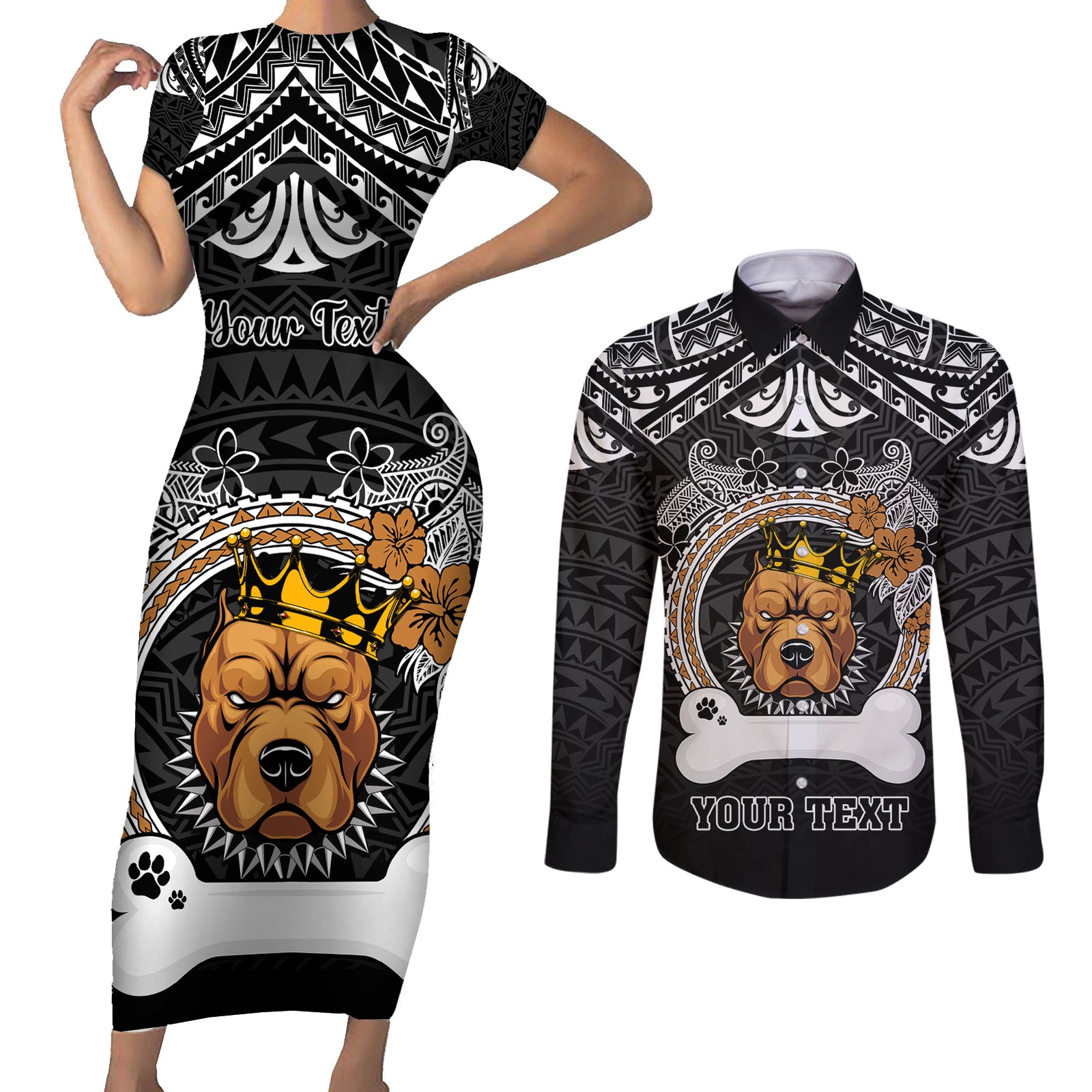 Personalized Pitbull Dog Couples Matching Short Sleeve Bodycon Dress and Long Sleeve Button Shirts With Polynesian Heart Name Tags LT05 Black - Polynesian Pride