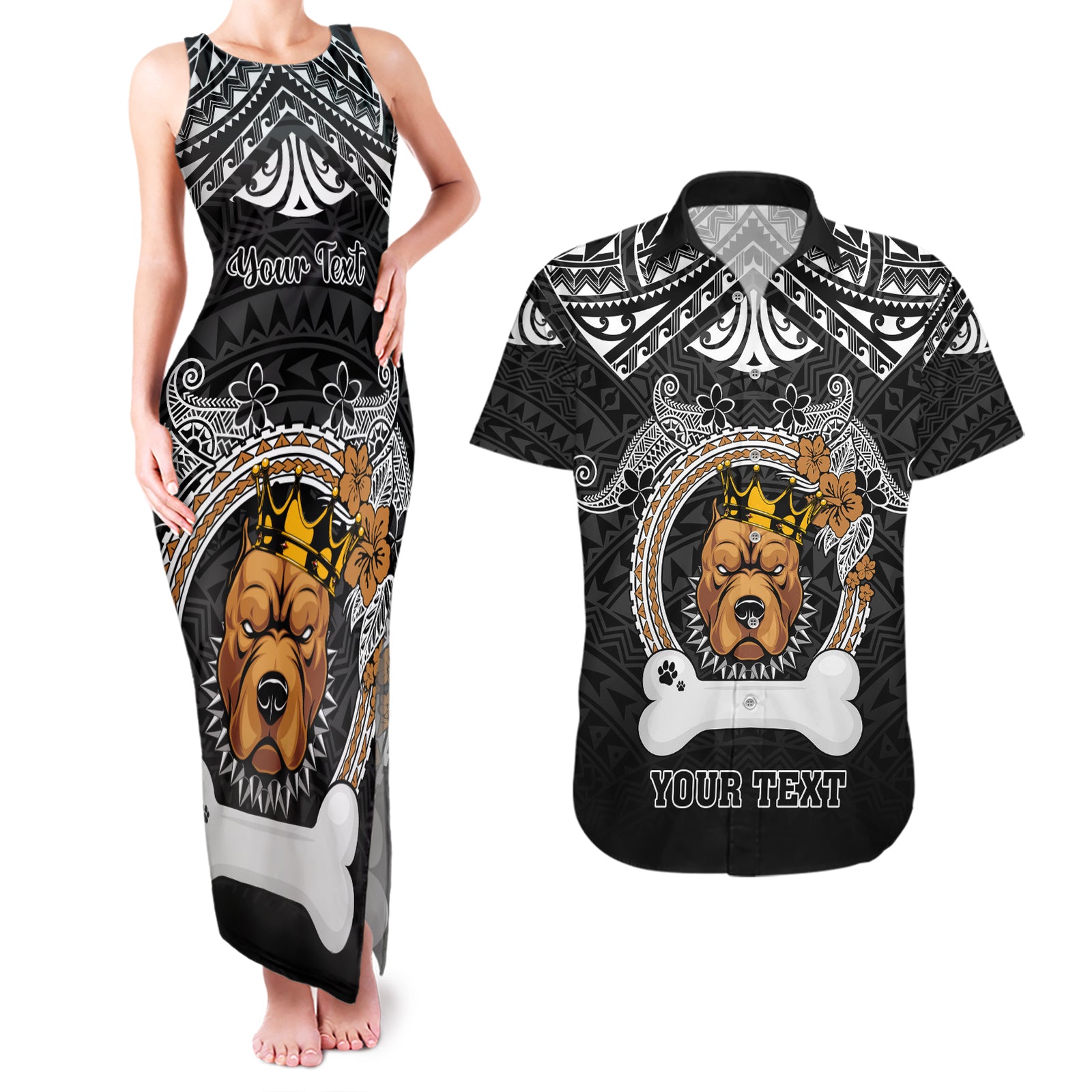 Personalized Pitbull Dog Couples Matching Tank Maxi Dress and Hawaiian Shirt With Polynesian Heart Name Tags LT05 Black - Polynesian Pride