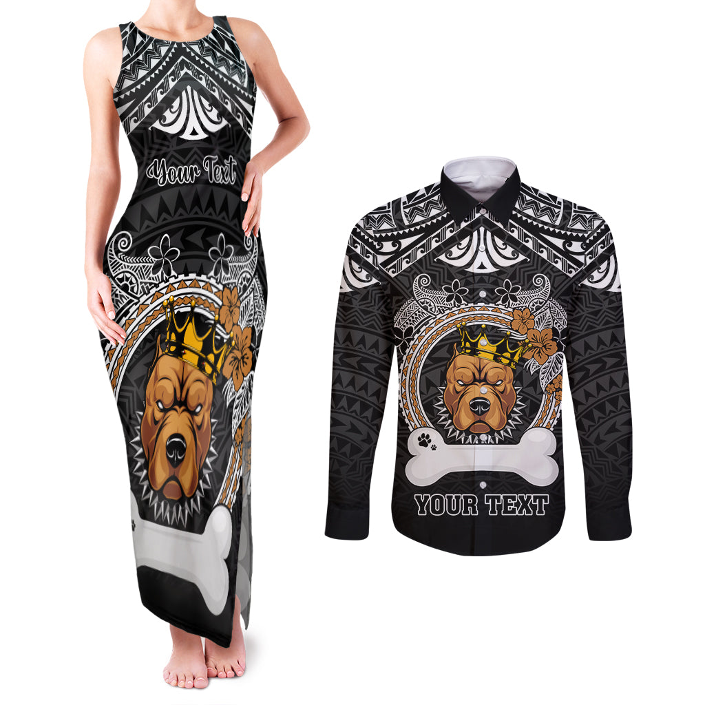 Personalized Pitbull Dog Couples Matching Tank Maxi Dress and Long Sleeve Button Shirts With Polynesian Heart Name Tags LT05 Black - Polynesian Pride