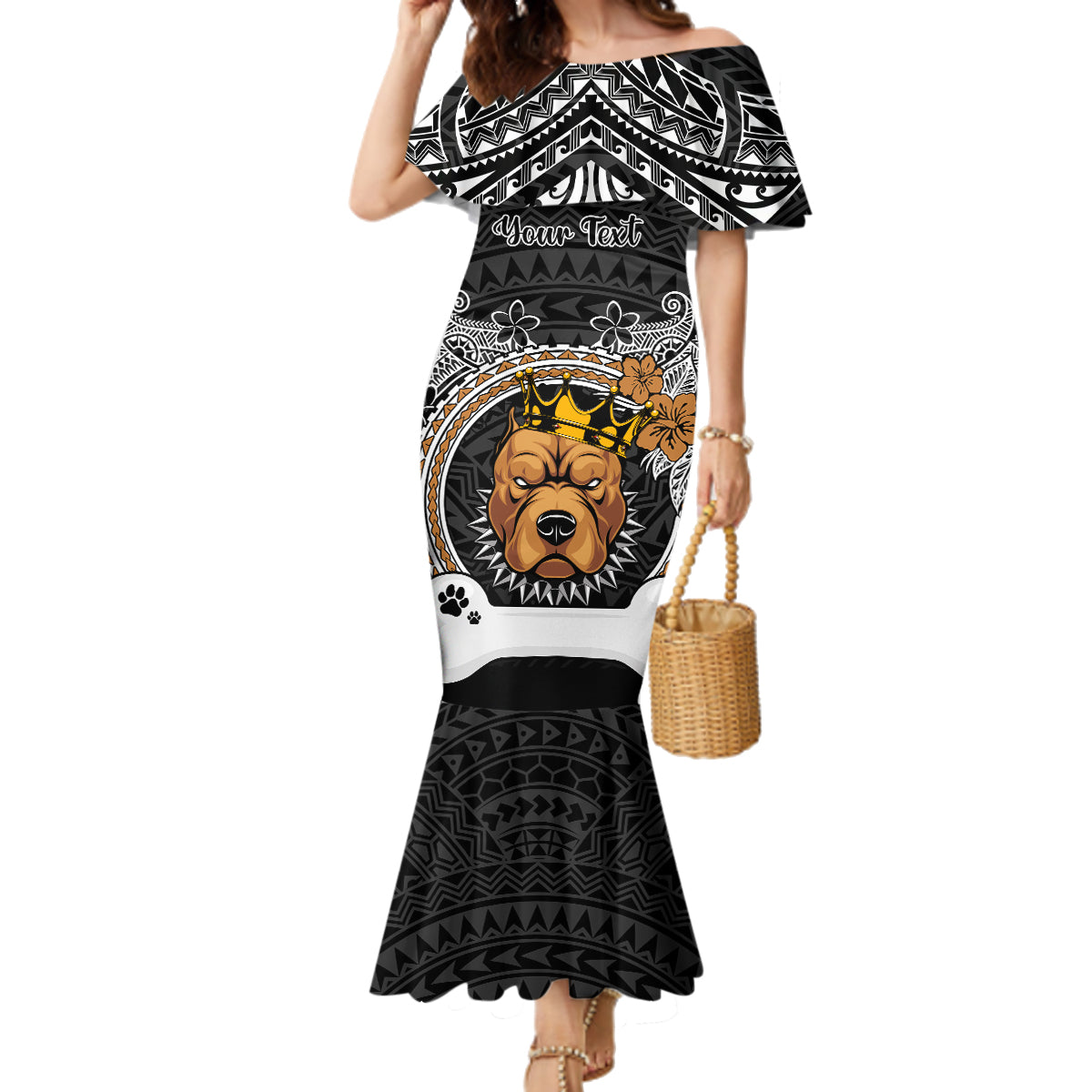 Personalized Pitbull Dog Family Matching Mermaid Dress and Hawaiian Shirt With Polynesian Heart Name Tags LT05 Mom's Dress Black - Polynesian Pride