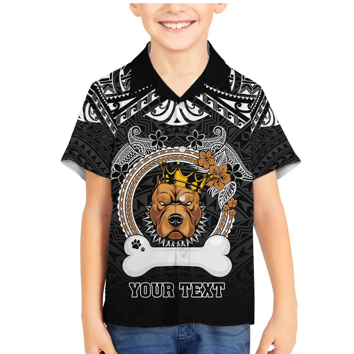 Personalized Pitbull Dog Family Matching Mermaid Dress and Hawaiian Shirt With Polynesian Heart Name Tags LT05 Son's Shirt Black - Polynesian Pride