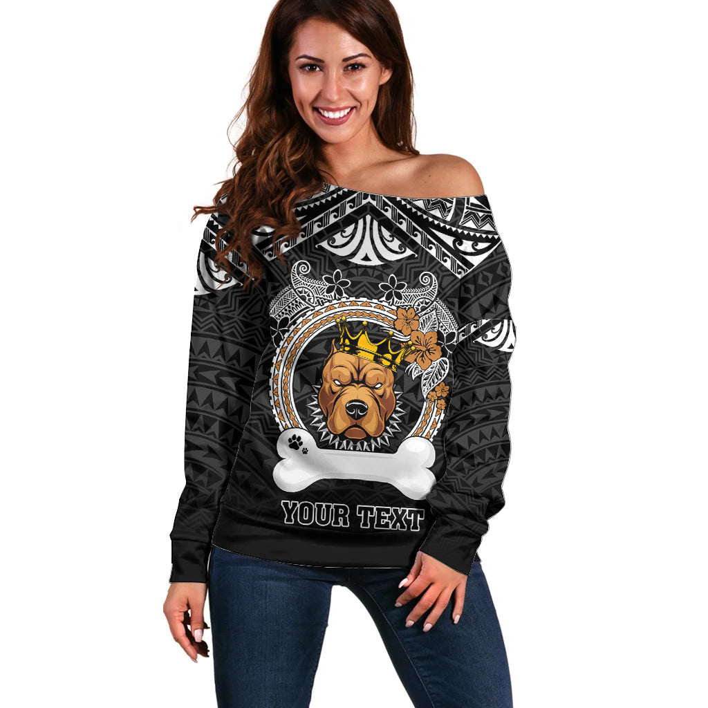 Personalized Pitbull Dog Off Shoulder Sweater With Polynesian Heart Name Tags LT05 Women Black - Polynesian Pride
