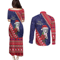 Guam Christmas Couples Matching Puletasi and Long Sleeve Button Shirt Felis Nabidat Guaman Seal With Poinsettia