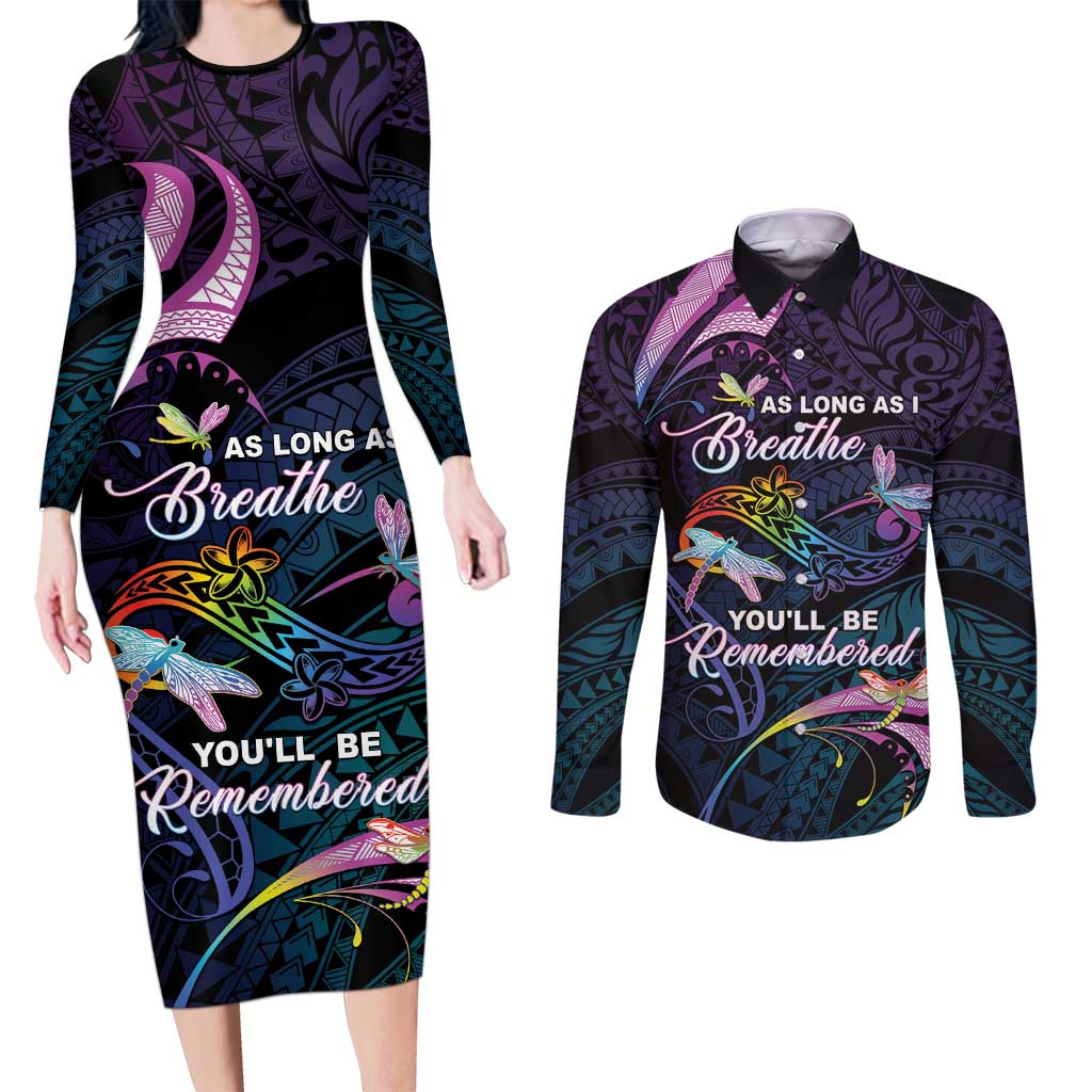 Personalised Polynesia Memorial Couples Matching Long Sleeve Bodycon Dress and Long Sleeve Button Shirt Always Remembered Dragonfly Polynesian Style