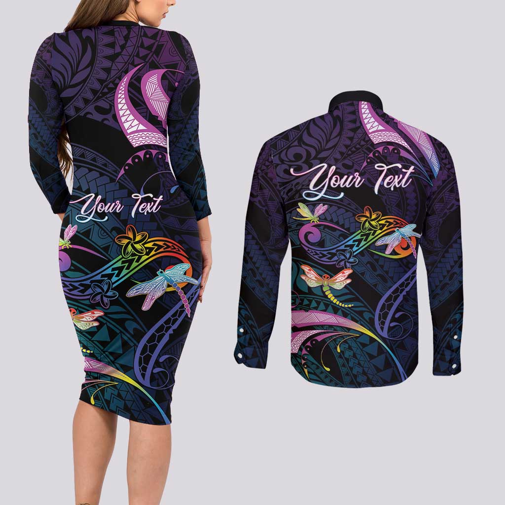 Personalised Polynesia Memorial Couples Matching Long Sleeve Bodycon Dress and Long Sleeve Button Shirt Always Remembered Dragonfly Polynesian Style