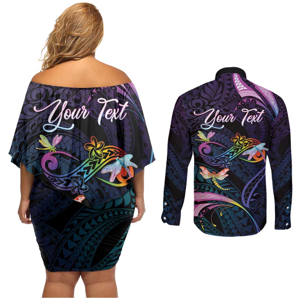 Personalised Polynesia Memorial Couples Matching Off Shoulder Short Dress and Long Sleeve Button Shirt Always Remembered Dragonfly Polynesian Style