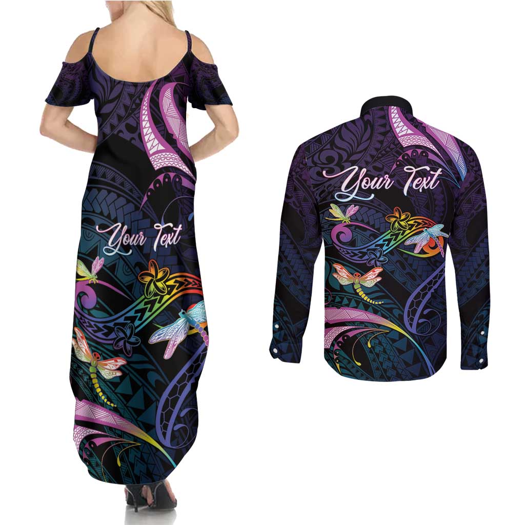 Personalised Polynesia Memorial Couples Matching Summer Maxi Dress and Long Sleeve Button Shirt Always Remembered Dragonfly Polynesian Style