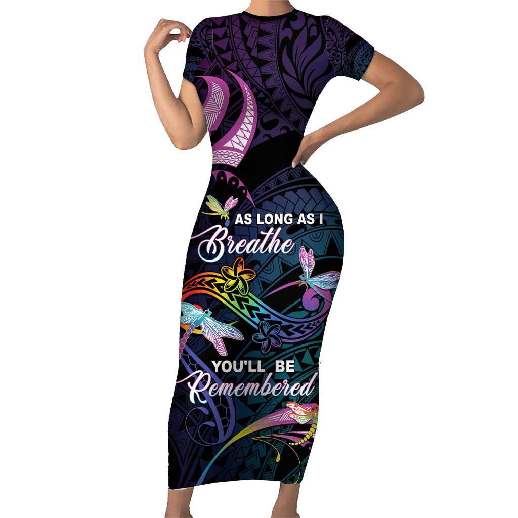 Personalised Polynesia Memorial Short Sleeve Bodycon Dress Always Remembered Dragonfly Polynesian Style LT05 Long Dress Colorful - Polynesian Pride