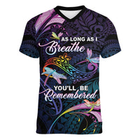 Personalised Polynesia Memorial Women V-Neck T-Shirt Always Remembered Dragonfly Polynesian Style
